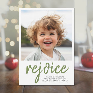 Photo Rejoice Merry Christmas Minimal Green Holiday Card