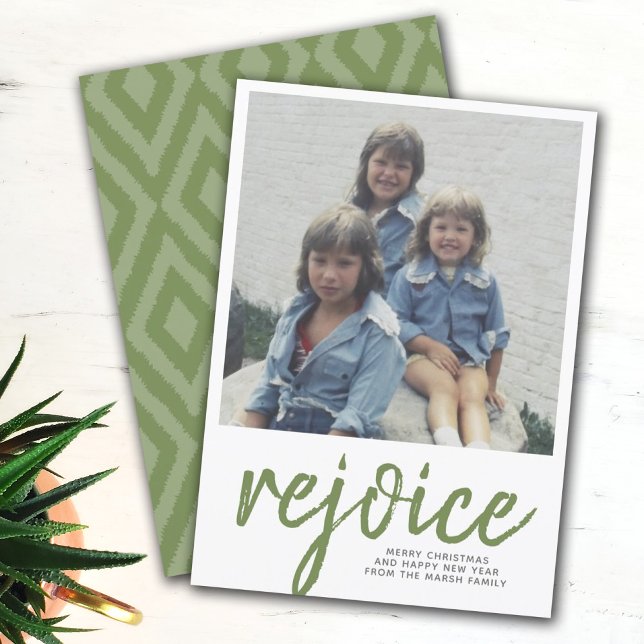 Photo Rejoice Merry Christmas Minimal Green Holiday Card (Holiday Photo Card)