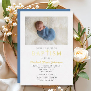 Photo Religious Cross Blue Boy Baptism Gold Foil Invitation
