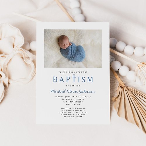 Photo Religious Cross Blue Boy Baptism Invitation