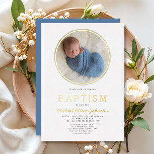 Photo Religious Cross Boy Baptism Gold Foil Invitation