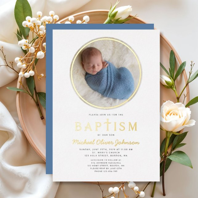 Photo Religious Cross Boy Baptism Gold Foil Invitation (Photo Religious Cross Boy Baptism Gold Foil Invitation)