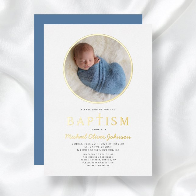 Photo Religious Cross Boy Baptism Gold Foil Invitation (Photo Religious Cross Boy Baptism Gold Foil Invitation)