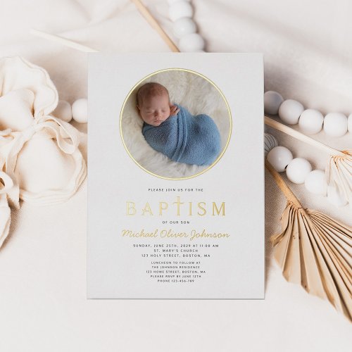 Photo Religious Cross Boy Baptism Gold Foil Invitation