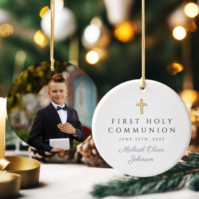 Photo Religious Cross Boy First Communion Ceramic Ornament (Photo Religious Cross Boy First Communion Ceramic Ornament)
