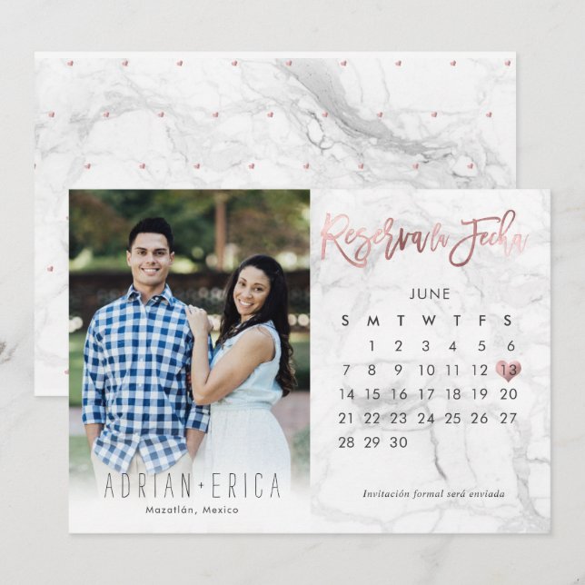 Photo Reserva la Fecha Calendario Marble Rose Gold Invitation (Front/Back)