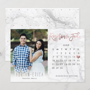 Photo Reserva la Fecha Calendario Marble Rose Gold Invitation
