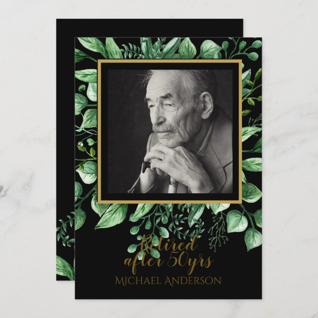 PHOTO Retirement Invitation Black Gold Leaves (Front/Back)