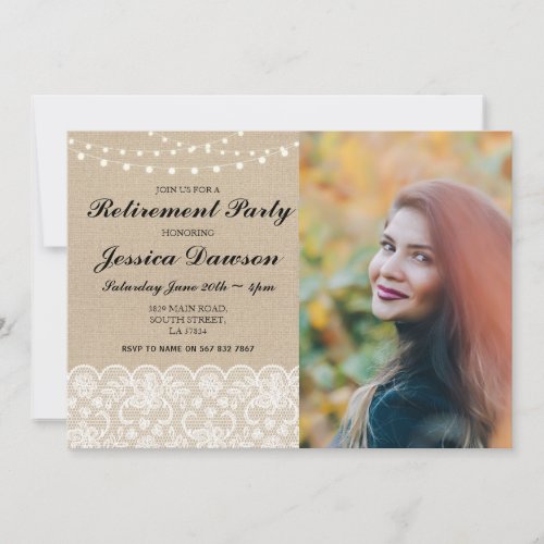 Photo Retirement Lace Burlap Pretty String Lights Invitation