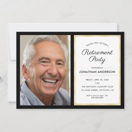 Photo Retirement Party  Black and Gold Invitation