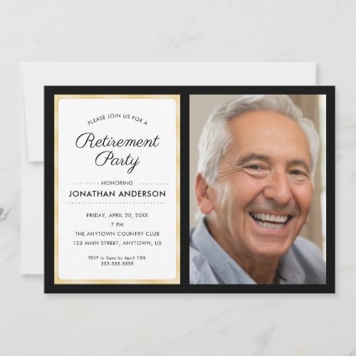 Photo Retirement Party  Black and Gold Invitation