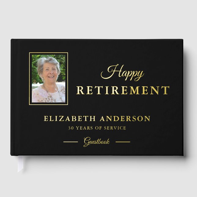 Photo Retirement Party Black with Gold Foil Foil Guest Book (Front)