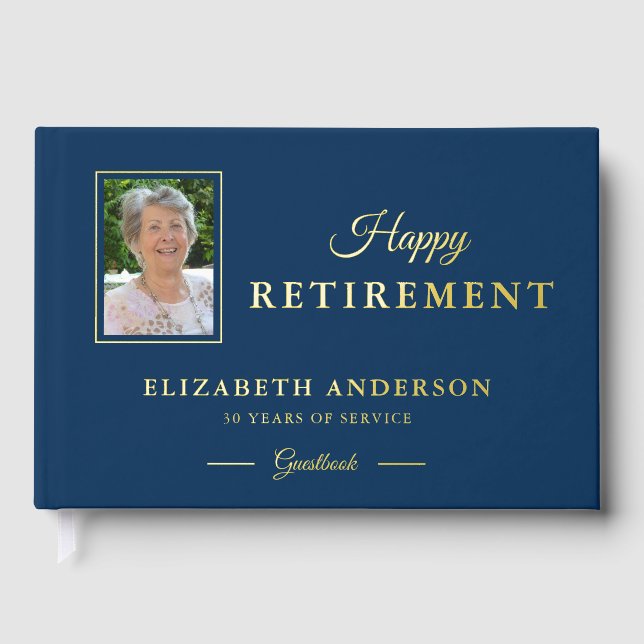 Photo Retirement Party Blue with Gold Foil Foil Guest Book (Front)