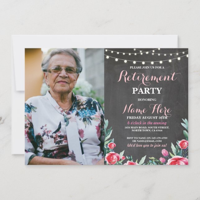Photo Retirement Party Chalk Red Floral Roses Invitation (Front)