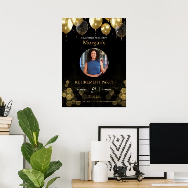 Photo Retirement Party Gold Balloon Save the Date  Poster (Home Office)