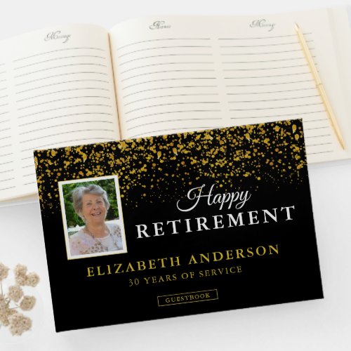 Photo Retirement Party Guests Black  Gold Glitter Guest Book