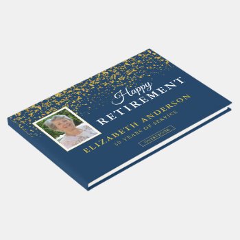 Photo Retirement Party Guests Blue & Gold Glitter Guest Book by daisylin712 at Zazzle