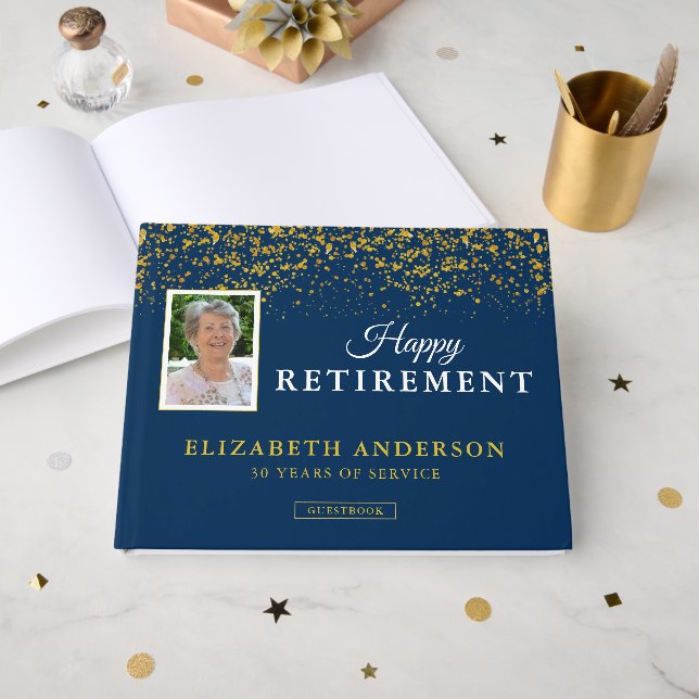Photo Retirement Party Guests Blue & Gold Glitter Guest Book (Front Open)
