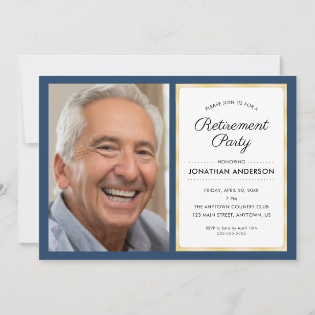 Photo Retirement Party | Navy Blue and Gold Invitation (Front)