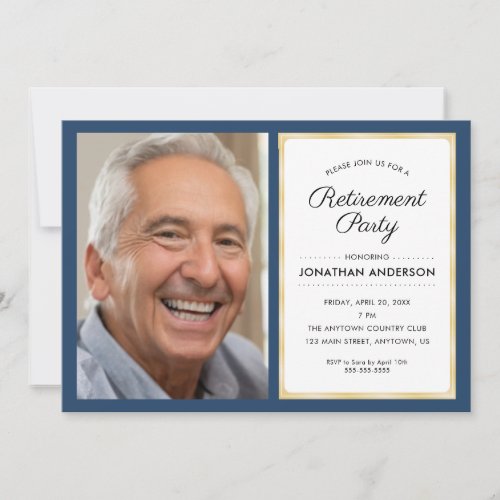 Photo Retirement Party  Navy Blue and Gold Invitation