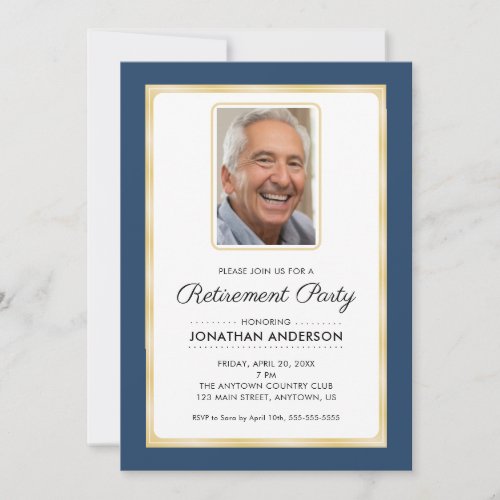Photo Retirement Party  Navy Blue and Gold Invitation