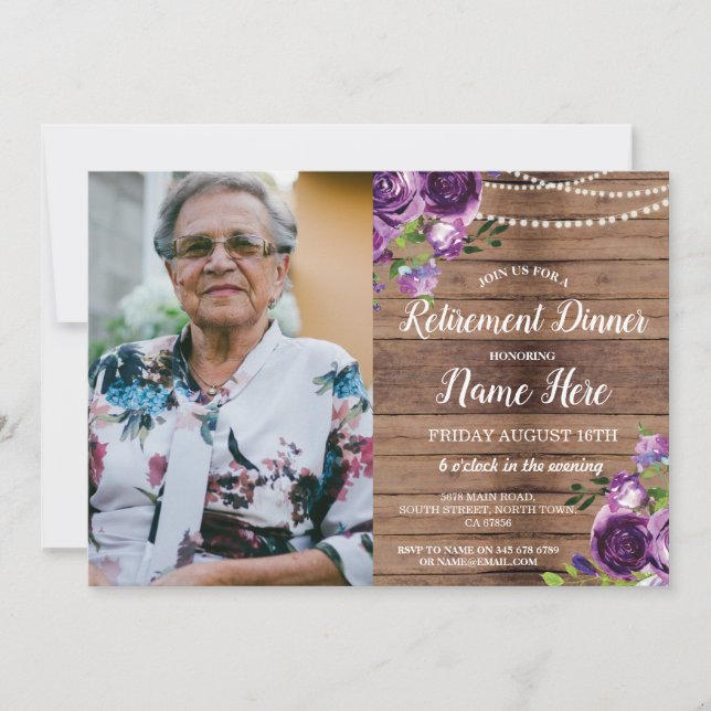 Photo Retirement Party Retire Purple Wood Flowers Invitation (Front)