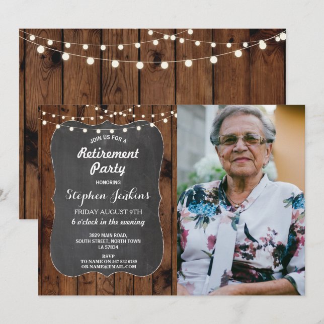 Photo Retirement Party Rustic Lights Wood Chalk Invitation (Front/Back)