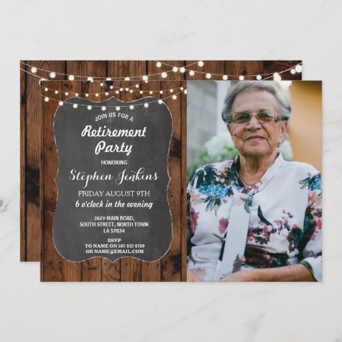 Photo Retirement Party Rustic Lights Wood Chalk Invitation