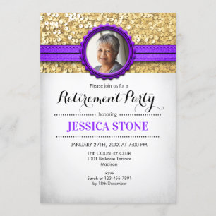 Photo Retirement - Purple Gold White Invitation