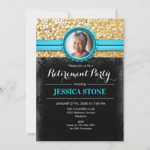 Photo Retirement _ Turquoise Blue Gold Black Invitation