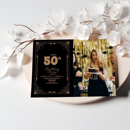 Photo Retro Art Deco Dark 50th Birthday Invitation