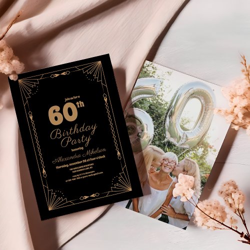 Photo Retro Art Deco Dark 60th Birthday Invitation