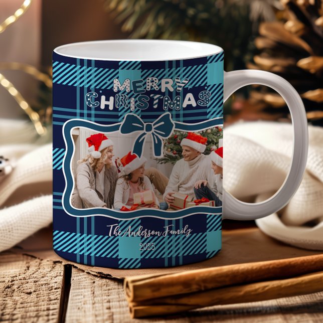 Photo Retro Blue Plaid Whimsical Christmas  Coffee Mug (Creator Uploaded)