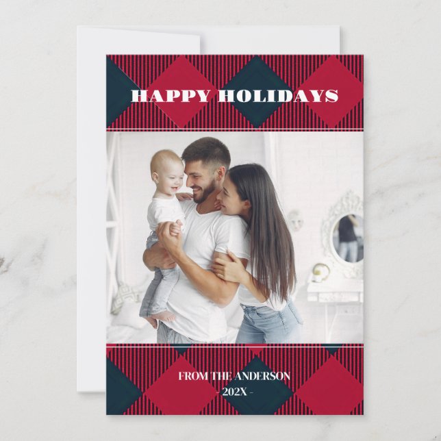 Photo Retro Christmas Plaid Greeting Holiday  Invitation (Front)