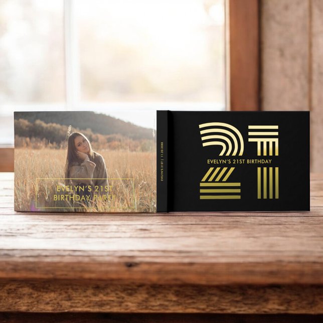 Photo Retro Elegant Black Birthday Foil Guest Book (Creator Uploaded)