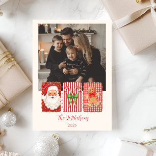 Photo Retro Gingham Santa Gingerbread Christmas Holiday Card
