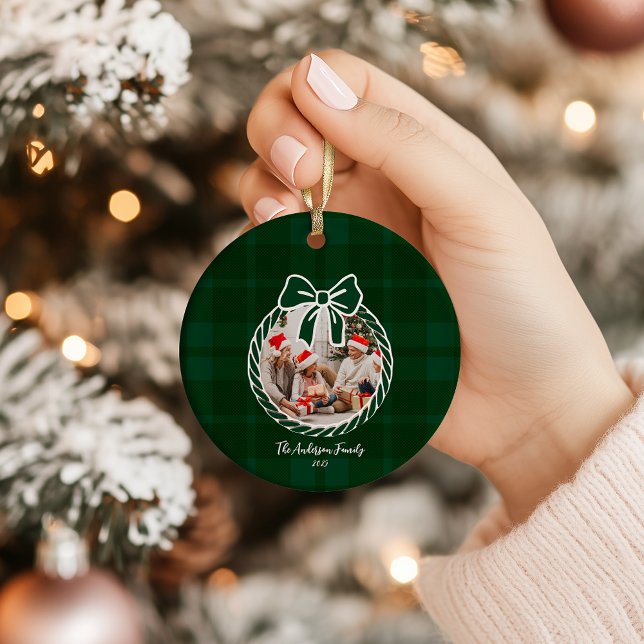 Photo Retro Green Plaid Whimsical Christmas  Ceramic Ornament (Creator Uploaded)