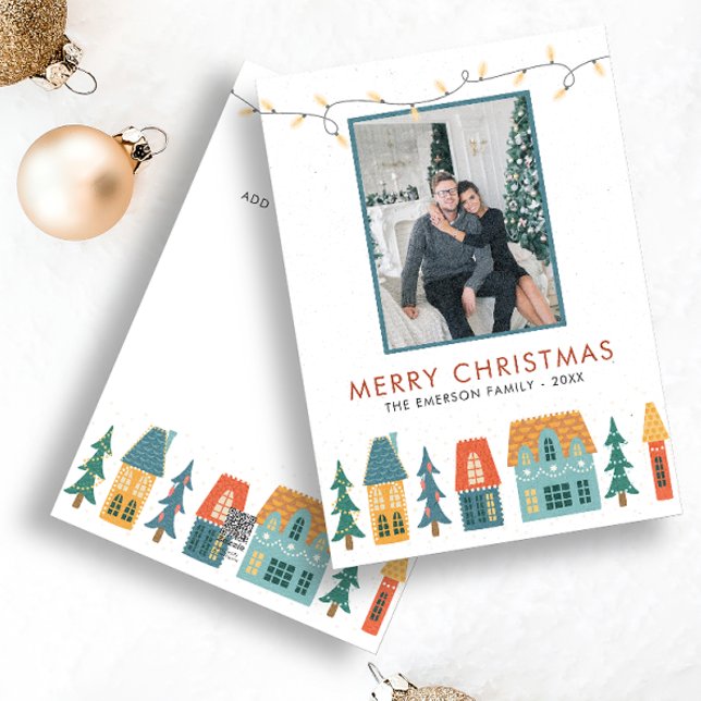 Photo Retro Merry Christmas Cards (Merry Christmas Retro Holiday Houses and Trees with Photo and Message by Painted Paperie)