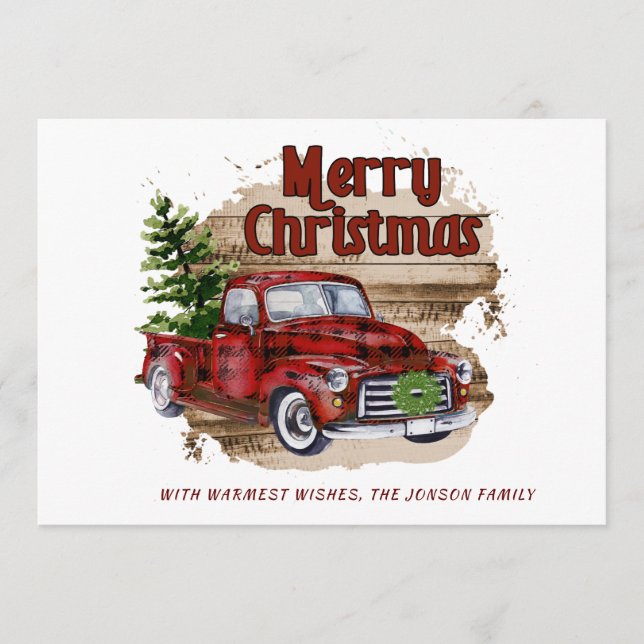 PHOTO Retro Rustic Red Truck Christmas Greeting Holiday Card (Front)