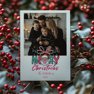 Photo Retro Santa Merry Christmas Coquette Bow Holiday Card