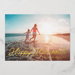 Photo Retro Script Happy Hanukkah Foil Holiday Card<br><div class="desc">Retro style script font "Happy Hanukkah" in real foil. Add a message or more photos to the back side. Choose from gold,  silver or rose gold foil</div>