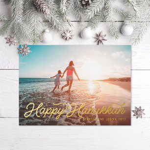 Photo Retro Script Happy Hanukkah Foil Holiday Card
