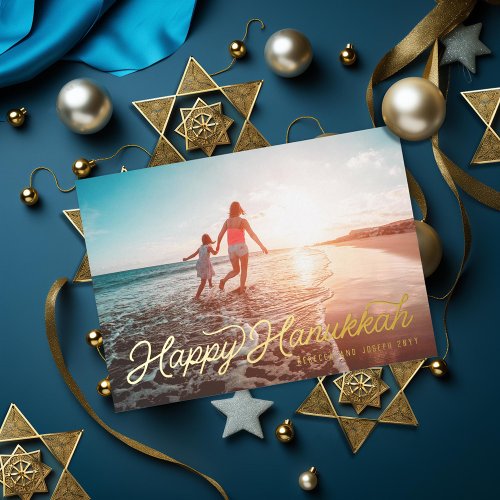 Photo Retro Script Happy Hanukkah Foil Holiday Card