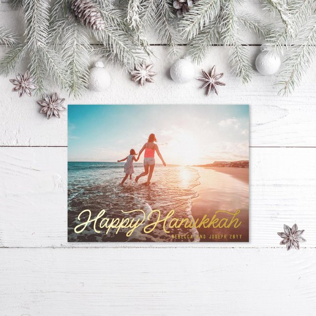 Photo Retro Script Happy Hanukkah Foil Holiday Postcard (Creator Uploaded)