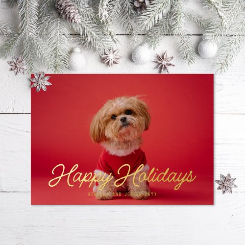 Photo Retro Script Happy Holidays Gold Foil Holiday Card