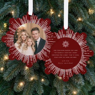 Photo retro sunburst dark red snowflake Christmas Ornament Card