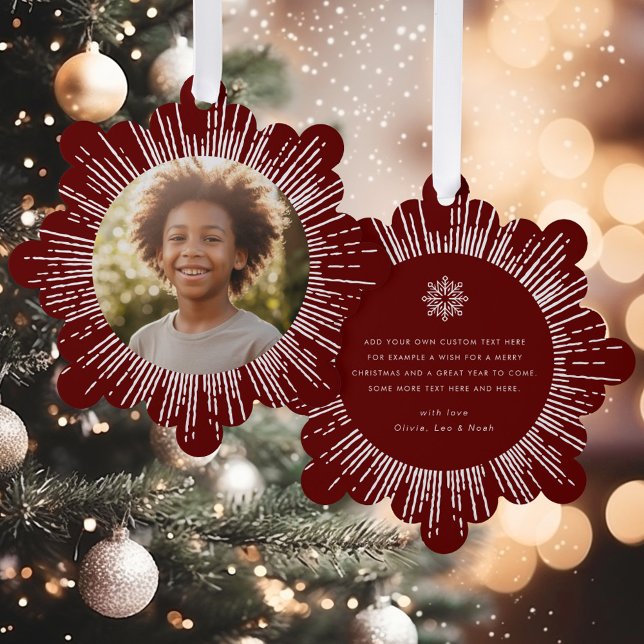 Photo retro sunburst dark red snowflake Christmas Ornament Card (Photo retro sunburst dark red snowflake Christmas Ornament Card)