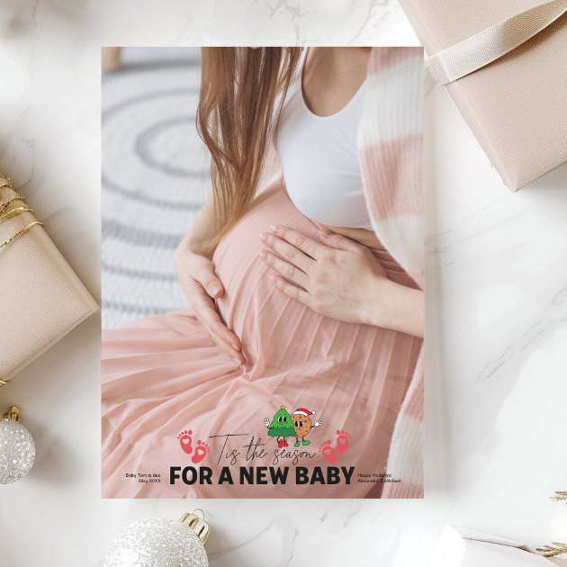 Pregnancy christmas card - Pink Dramatic personalized gifts for you Photo retro tis the season pregnancy announcement