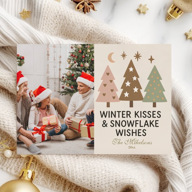 Photo Retro Winter Kisses & Snowflake Wishes Holiday Card (Creator Uploaded)