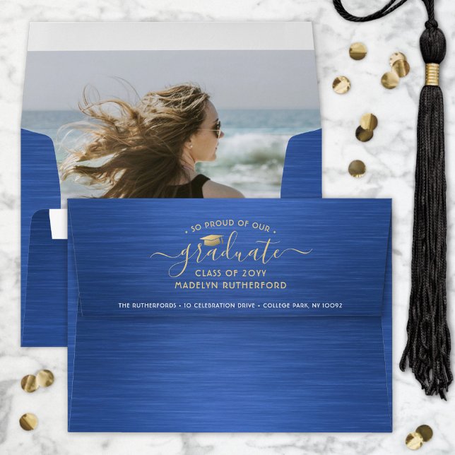 Photo & Return Address Blue Gold White Graduation Envelope (Creator Uploaded)
